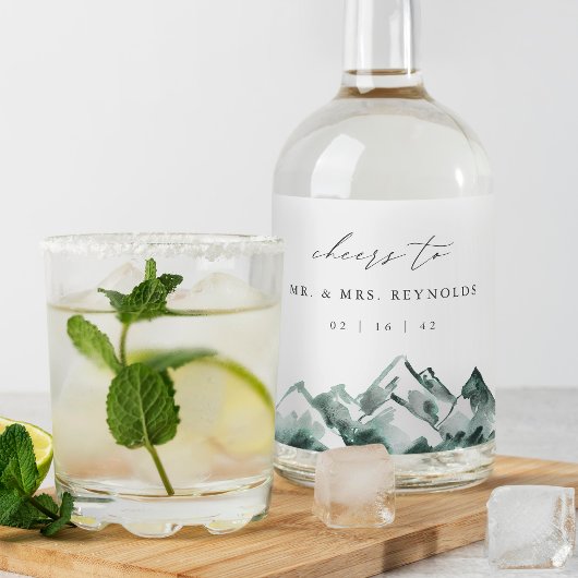 hoogland | Waterverf Mountain Wedding Likeurfles Etiket