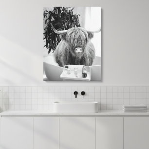 Hooglandkoe Badkuip Zwart Wit Badkamer  Canvas Afdruk