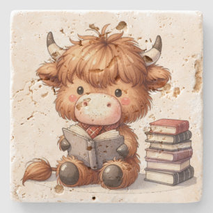 Hooglandkoe die boeken leest stenen onderzetter