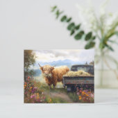 Hooglandkoe die hooi eet briefkaart (Staand voorkant)