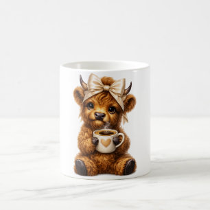 Hooglandkoe drinkt koffie met leuke luipaardboog — koffiemok