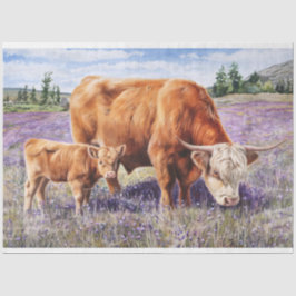 Hooglandkoe en Kalf Bloemenveld Kunst Decoupage Tissuepapier