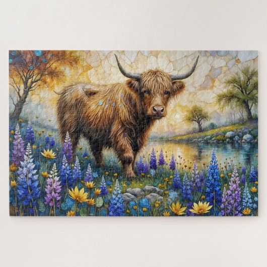 Hooglandkoe in bloemendal landschap legpuzzel (Horizontaal)