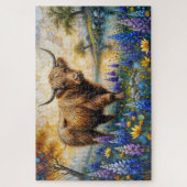 Hooglandkoe in bloemendal landschap legpuzzel (Verticaal)