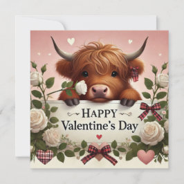 Hooglandkoe Valentijn met witte rozen Feestdagenkaart
