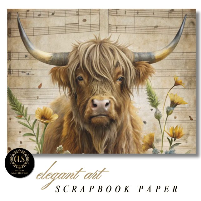 Hooglandkudde en muzieknoten (Scrapbook Paper – Highland Cow Music Notes)