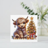 Hooglandrund bij kerstboom feestdagenkaart (Staand voorkant)