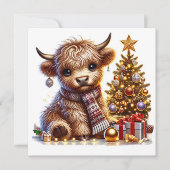 Hooglandrund bij kerstboom feestdagenkaart (Voorkant)