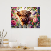 Hooglandrund en Roze Rozen Poster (Keuken)
