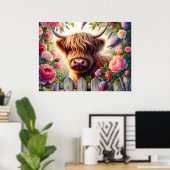 Hooglandrund en Roze Rozen Poster (Thuiskantoor)