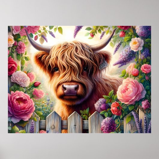 Hooglandrund en Roze Rozen Poster (Voorkant)