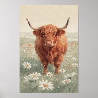 Hooglandrund in Madeliefweide - Rustieke boerderij Poster