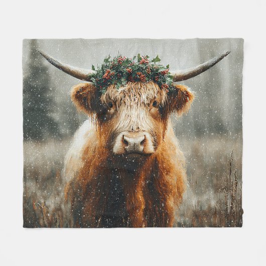 Hooglandrund Met Kerstkrans Kroon Fleece Deken (Voorkant (Horizontaal))