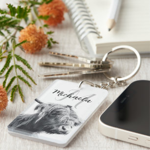 Hooglandrund portret initiaal monogram zwart wit sleutelhanger