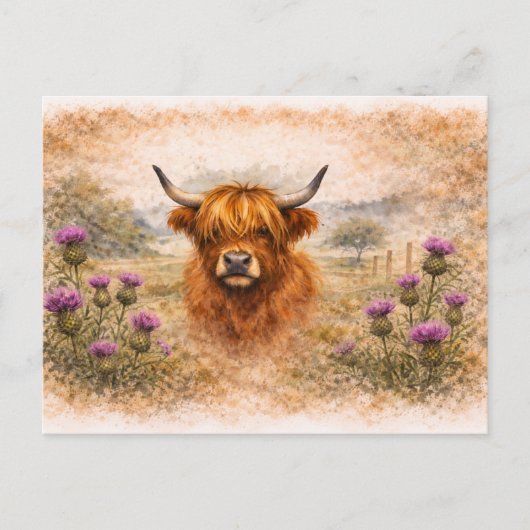 Hooglandrund - Watercolour Dieren Briefkaart (Voorkant)