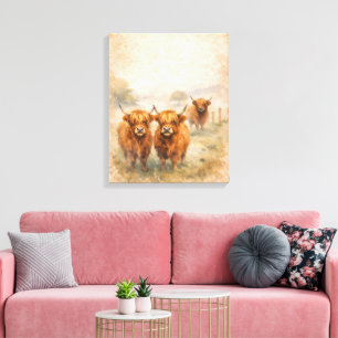Hooglandrund - Watercolour Dieren Canvas Afdruk