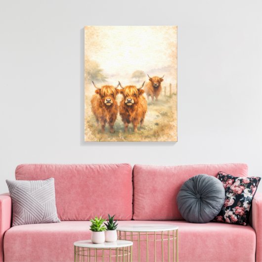 Hooglandrund - Watercolour Dieren Canvas Afdruk (Insitu (Woonkamer))