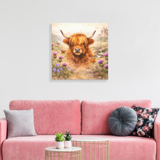Hooglandrund - Watercolour Dieren Canvas Afdruk