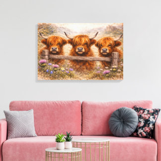 Hooglandrund - Watercolour Dieren Canvas Afdruk