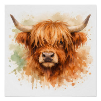 Hooglandrund - Watercolour Dieren Perfect Poster