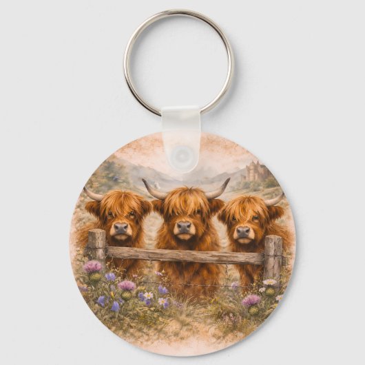 Hooglandrund - Watercolour Dieren Sleutelhanger (Voorkant)