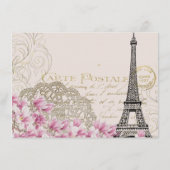 hoogoventoren in Parijs Roze bloesems bruiloft Informatiekaartje (Achterkant)