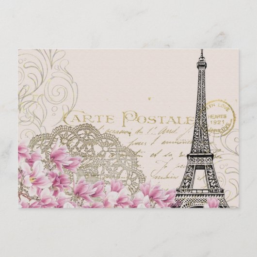 hoogoventoren in Parijs Roze bloesems bruiloft Informatiekaartje (Achterkant)