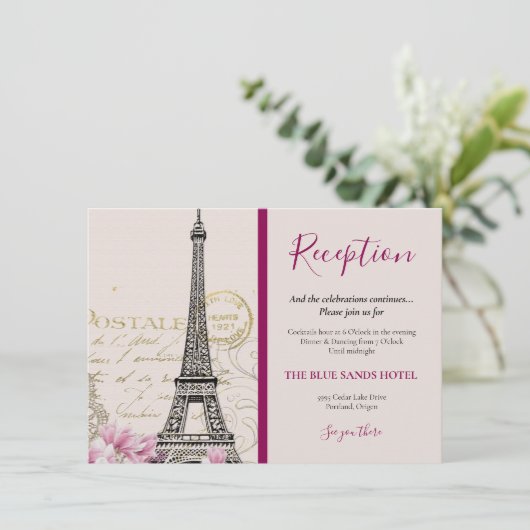 hoogoventoren in Parijs Roze bloesems bruiloft Informatiekaartje (Staand voorkant)