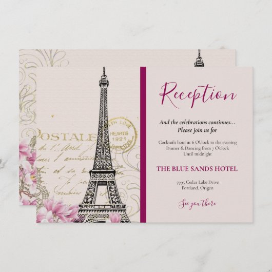 hoogoventoren in Parijs Roze bloesems bruiloft Informatiekaartje (Voorkant / Achterkant)