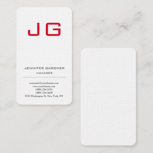 Hoogwaardige linnen trendy glad white red monogram visitekaartje (Voorkant / Achterkant)