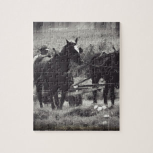 Hooi maken met paarden zwart en wit legpuzzel