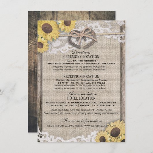 Hooibuidel kant zonnebloem trouwdetails kaart (Voorkant / Achterkant)