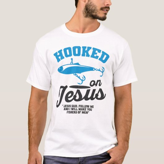 Hooked on Jesus Christian Fishing T-Shirt – Fisher (Voorkant)