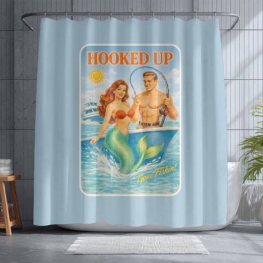Hooked Up Fishing Pin-up Mermaid | Funny Nautical Douchegordijn