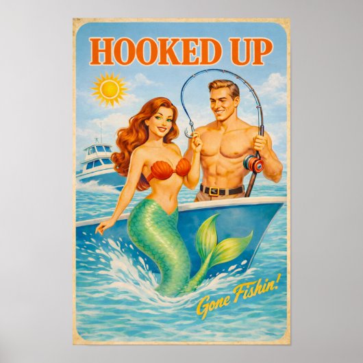 Hooked Up Retro Pin-Up Mermaid | Fishing Boat Art Poster (Voorkant)