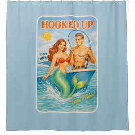 Hooked Up Retro Pin-Up Mermaid | Fishing Boat Blue Douchegordijn