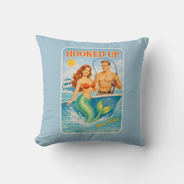 Hooked Up Retro Pin-Up Mermaid | Fishing Boat Blue Kussen (Voorkant)