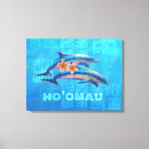 HO'OMAU Hawaiian Dolphins Primitive Collage Canvas Afdruk