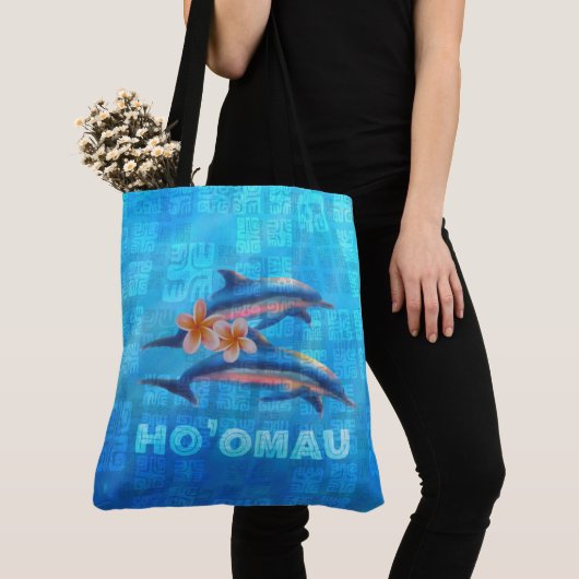 HO'OMAU Hawaiian Dolphins Primitive Collage Tote Bag (Dichtbij)