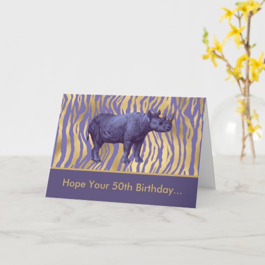 Hoop dat je 50ste verjaardag Wilde Paarse Rhinocer Kaart (Gele Bloem)