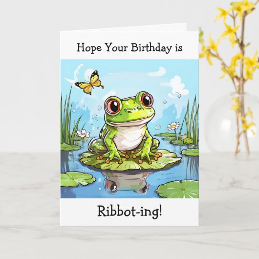 Hoop dat je verjaardag Ribbot-ing Funny Frog Puns  Kaart (Gele Bloem)