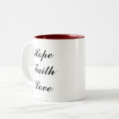 Hoop, Faith, Love Tweekleurige Koffiemok (Voorkant links)