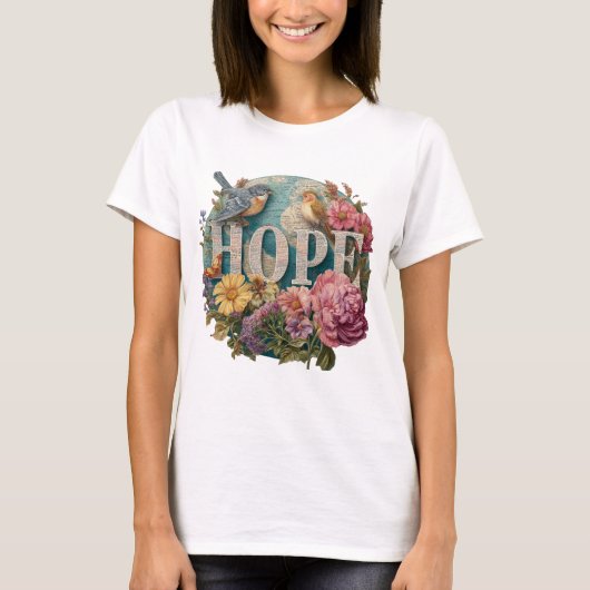 Hoop Floral Typography met Vogels en Botanische T-shirt (Voorkant)