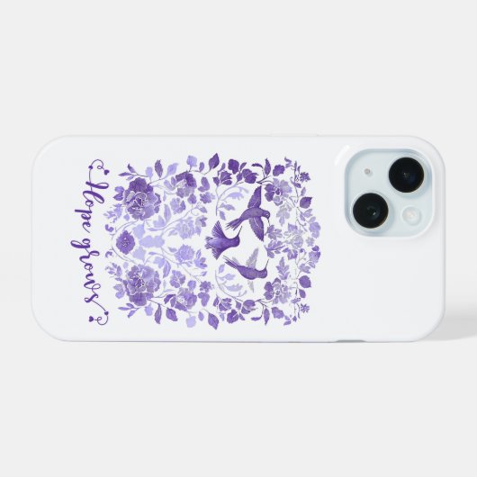 Hoop Groeit - Lavendel Linocut Bird Inspirerend iPhone 15 Case (Achterkant horizontaal)
