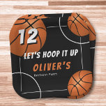Hoop het omhoog Basketbal Sport Kids Verjaardag Papieren Bordje<br><div class="desc">Hoop het omhoog Basketbal Sport Kids Verjaardagspapier Borden. Het ontwerp heeft een leuke tekst "Let's hoop it up" en basketbalballen op een zwarte achtergrond. Voeg jouw naam en leeftijd toe. Geweldige borden voor een basketbal thema verjaardagsfeestje.</div>