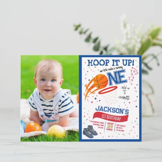 Hoop It Up Rookie Basketbal Foto 1e verjaardag Kaart (Staand voorkant)