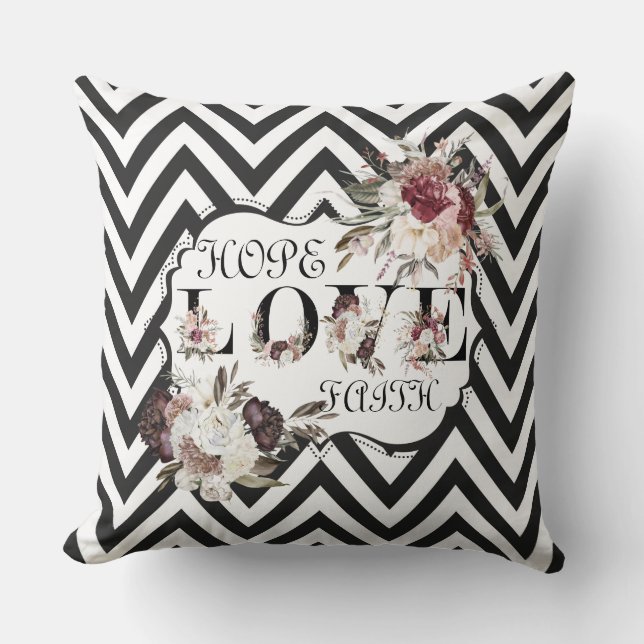 Hoop Liefde Geloof Zwart/Wit Chevron Kussen (Voorkant)