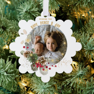 Hoop, Vrede, Vreugde Goud Rode Hulst Foto Aandenke Ornament Kaart