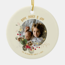 Hoop, Vrede, Vreugde Goud Rood Holly Foto Aandenke Keramisch Ornament