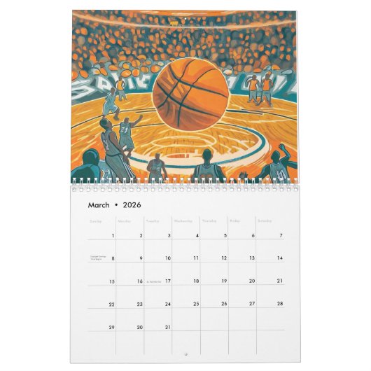 Hoops Dribble Basketbal Sport Gift kunstwerken Kalender (Mar 2026)